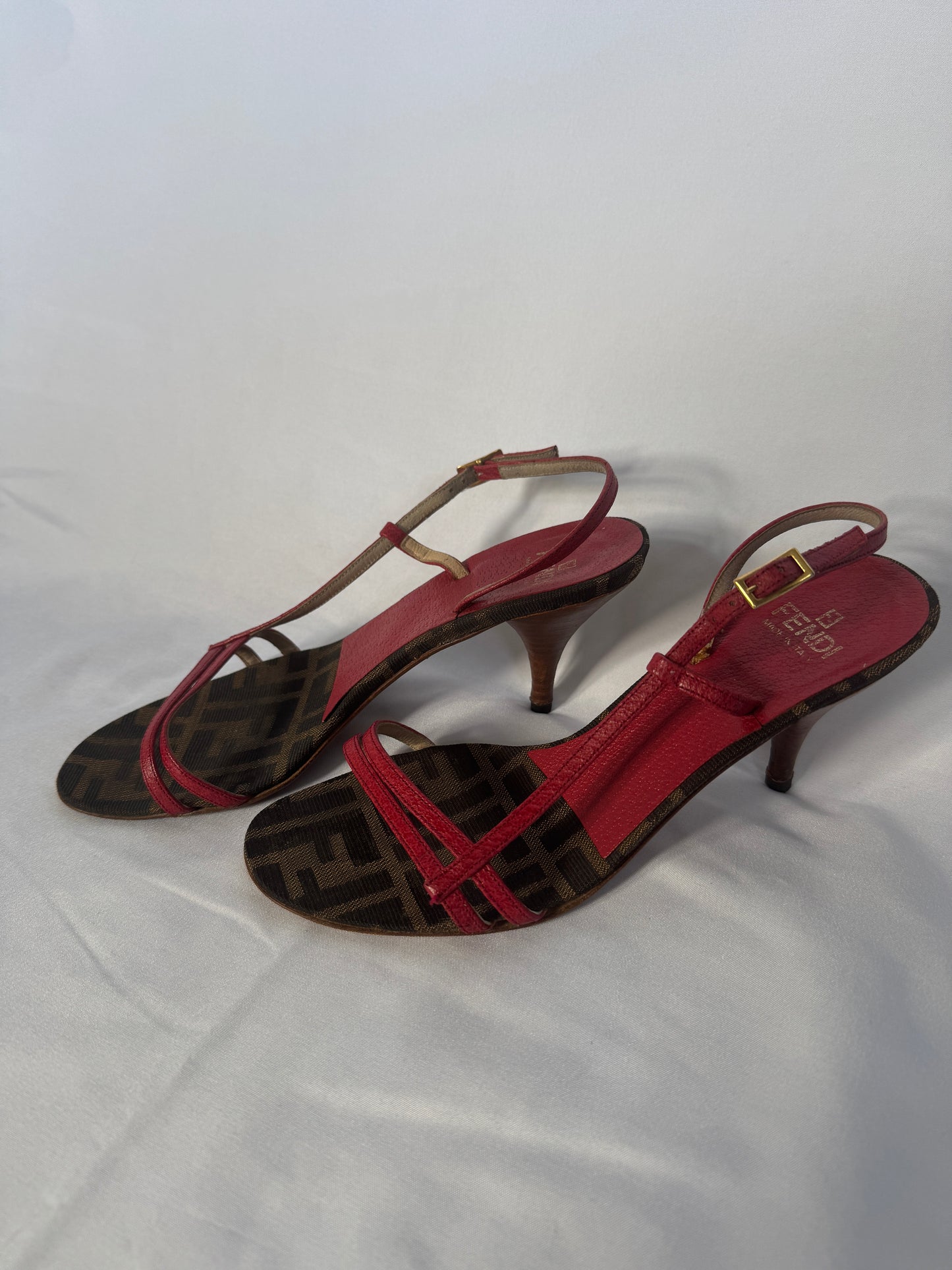 Fendi Red & FF Monogram T-Strap Heels