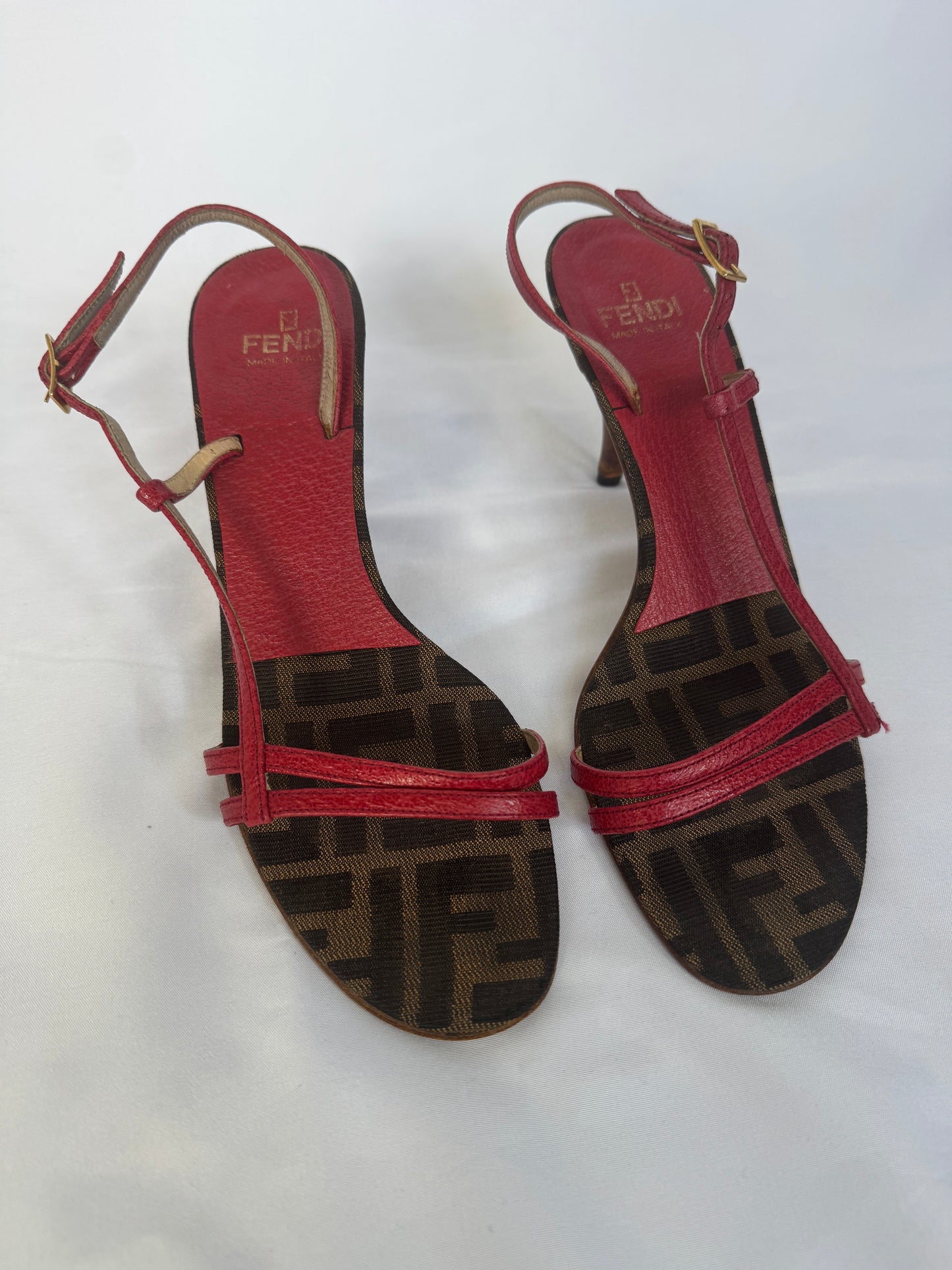 Fendi Red & FF Monogram T-Strap Heels