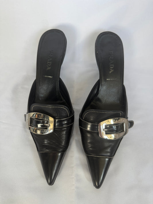 Prada Black Leather Kitten Heel Buckle Mules
