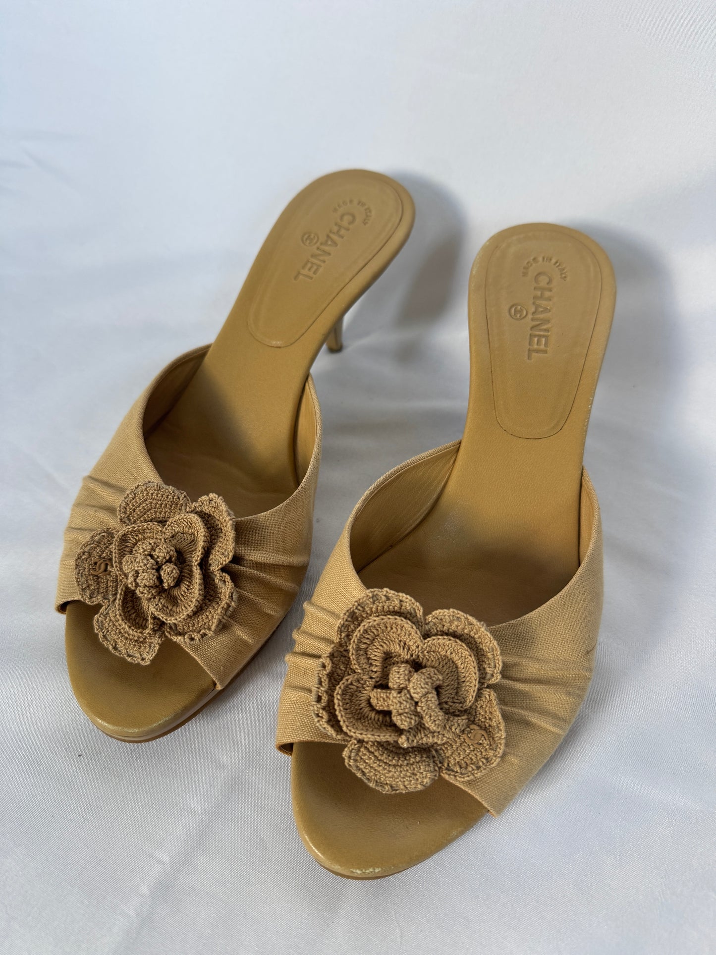 Chanel Camellia Appliqué Heeled Mules