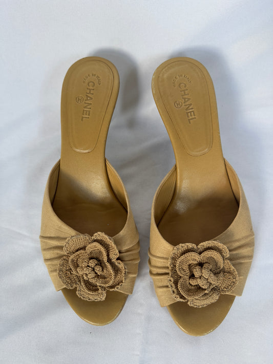 Chanel Camellia Appliqué Heeled Mules
