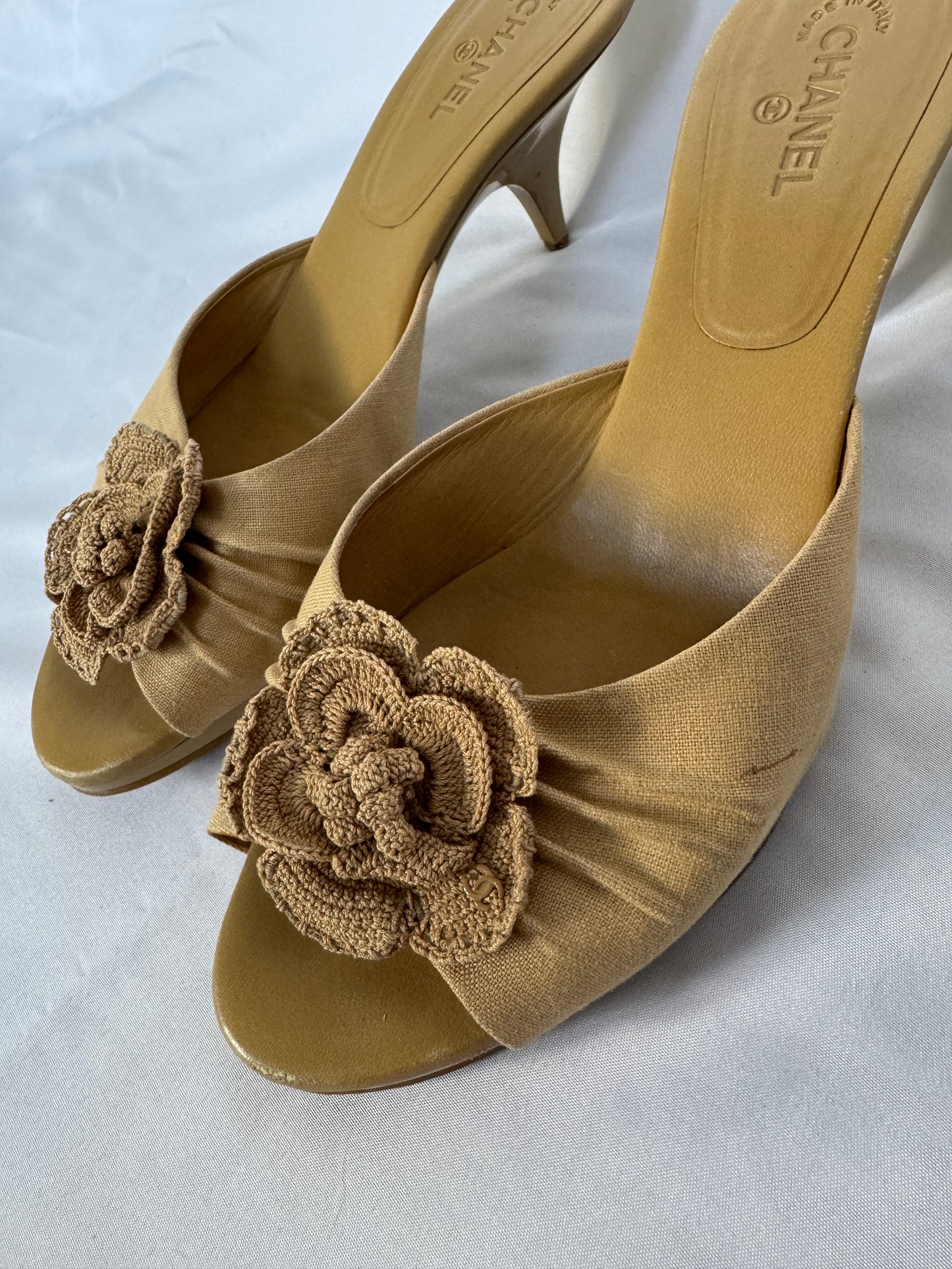 Chanel Camellia Appliqué Heeled Mules