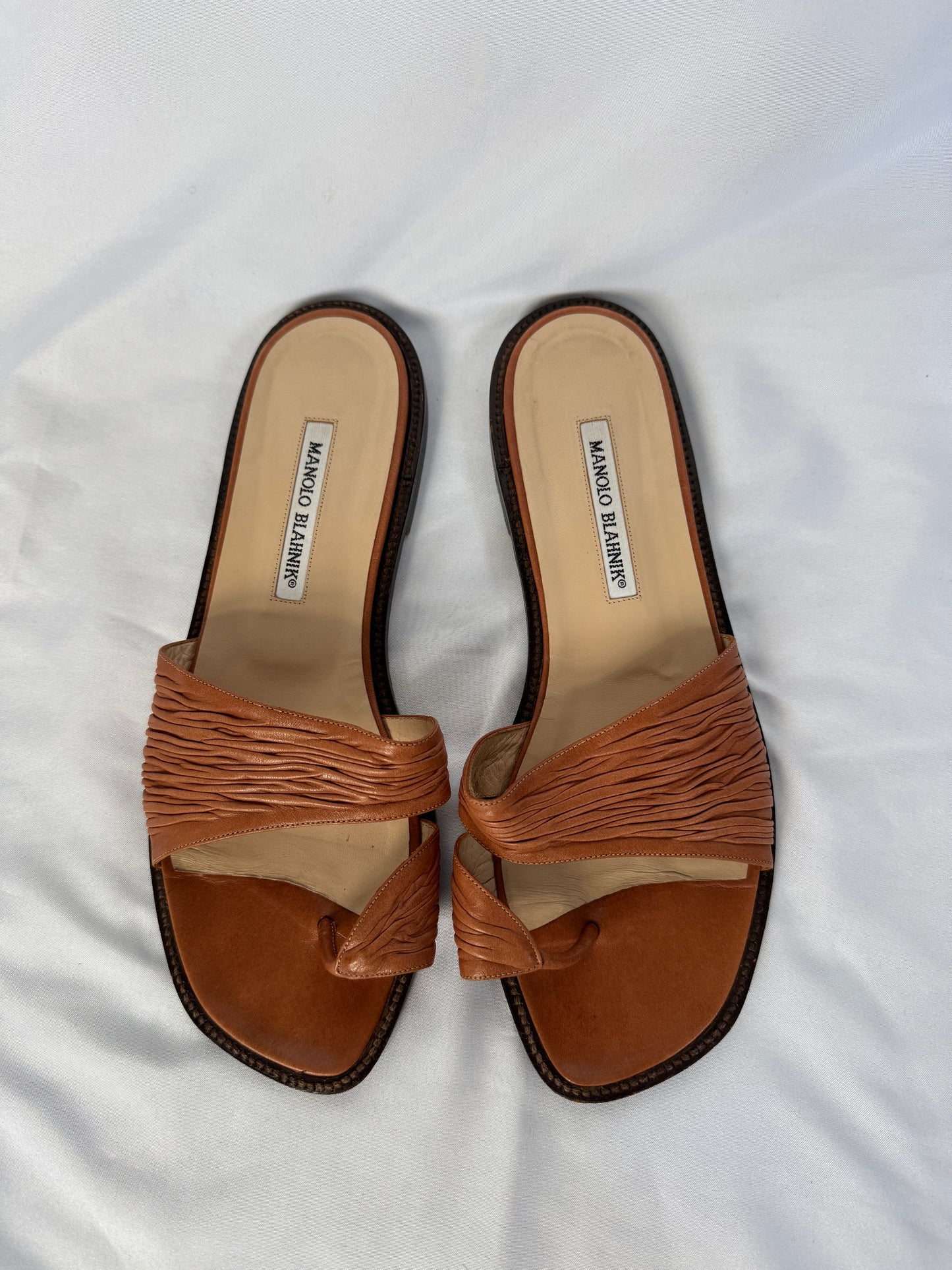 Manolo Blahnik “Tibo” Ruched Leather Toe Ring Sandals