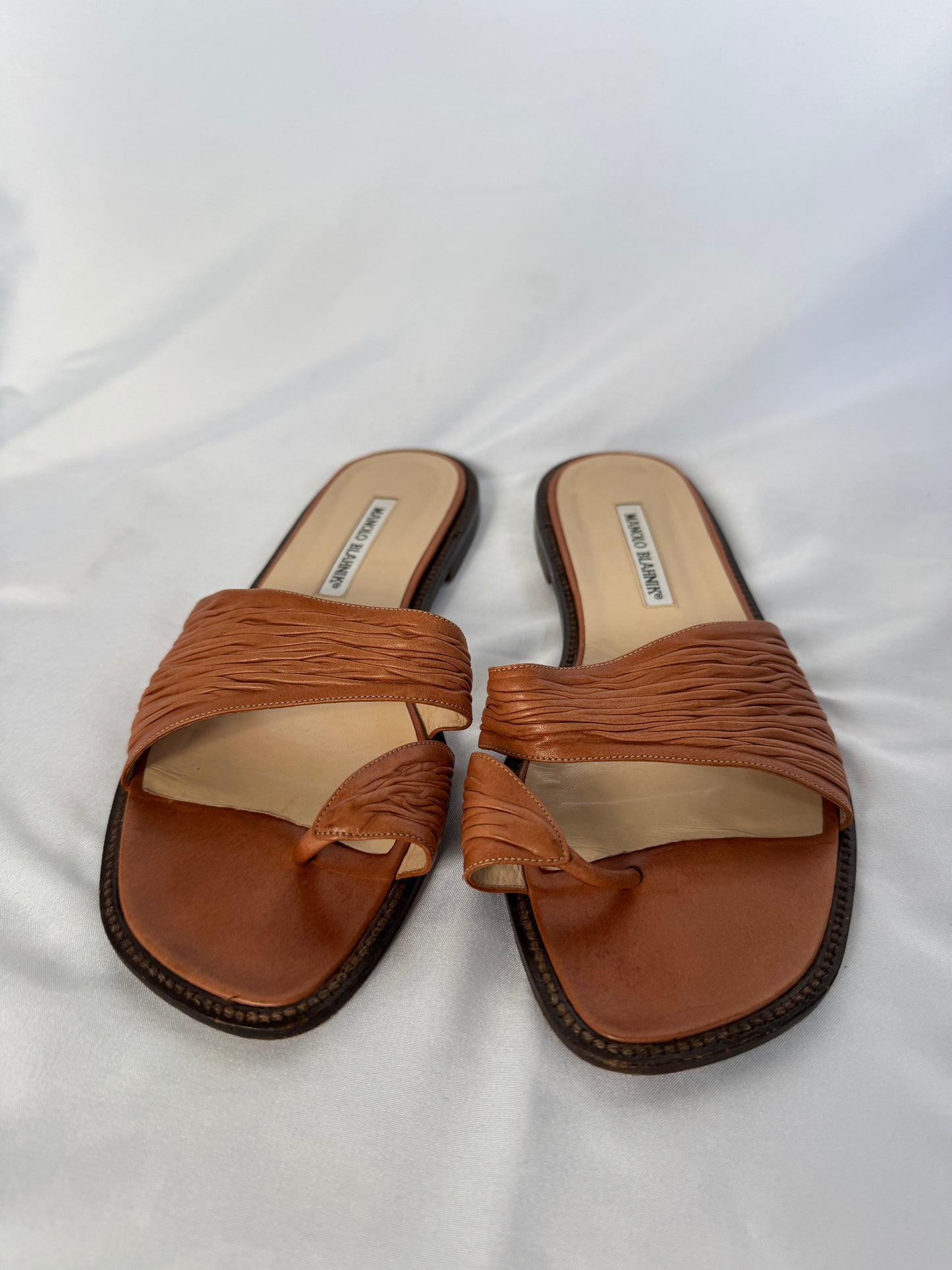 Manolo Blahnik “Tibo” Ruched Leather Toe Ring Sandals