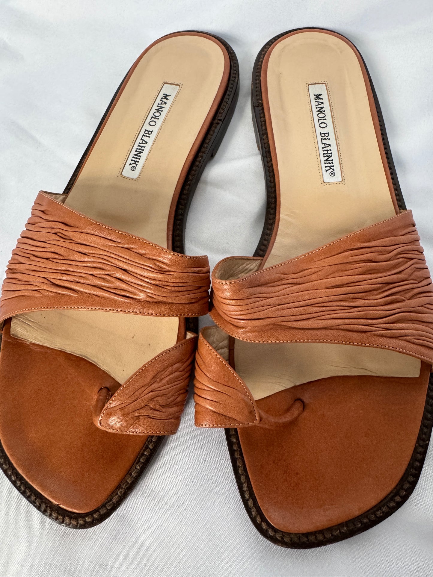 Manolo Blahnik “Tibo” Ruched Leather Toe Ring Sandals