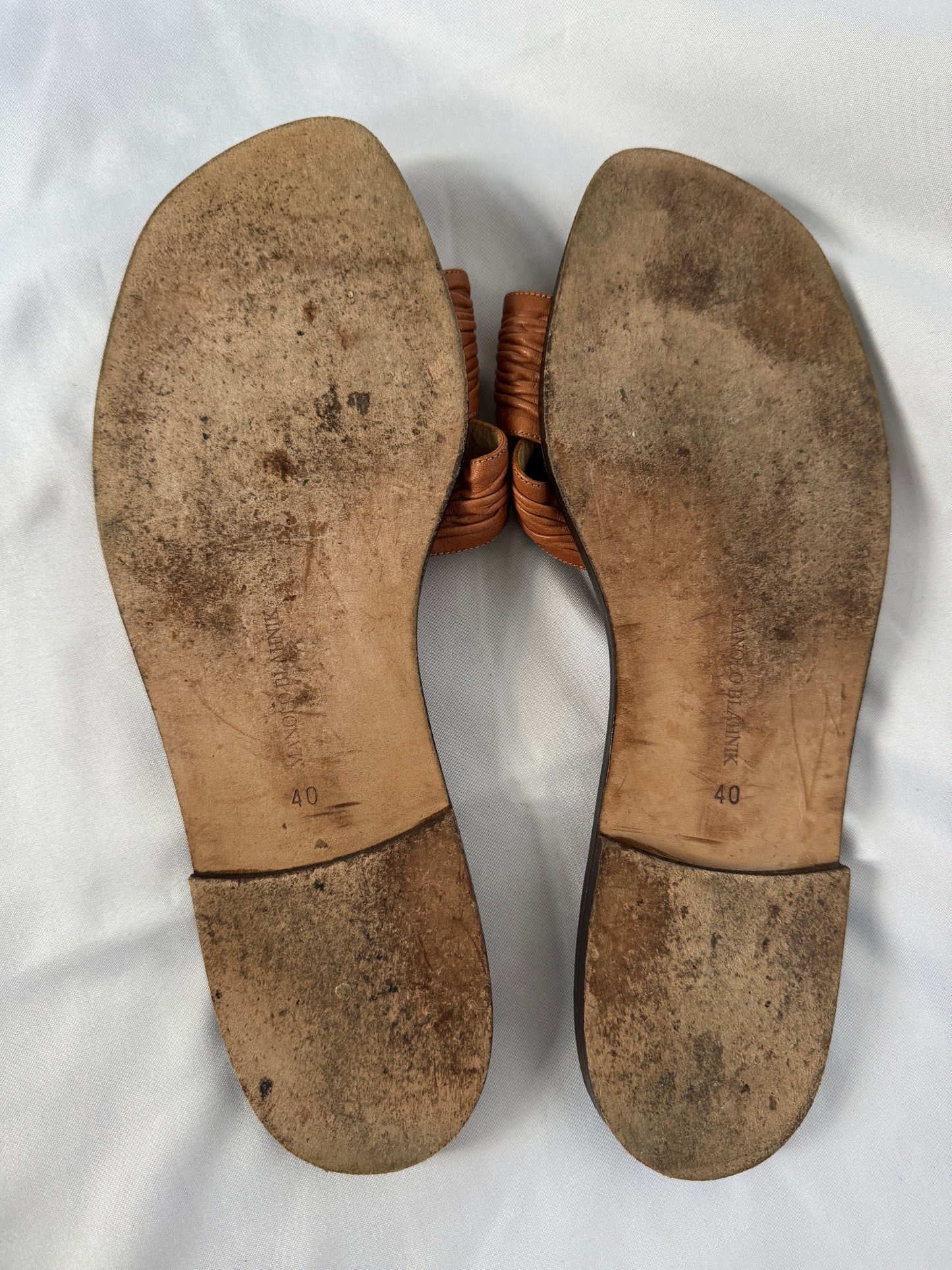 Manolo Blahnik “Tibo” Ruched Leather Toe Ring Sandals