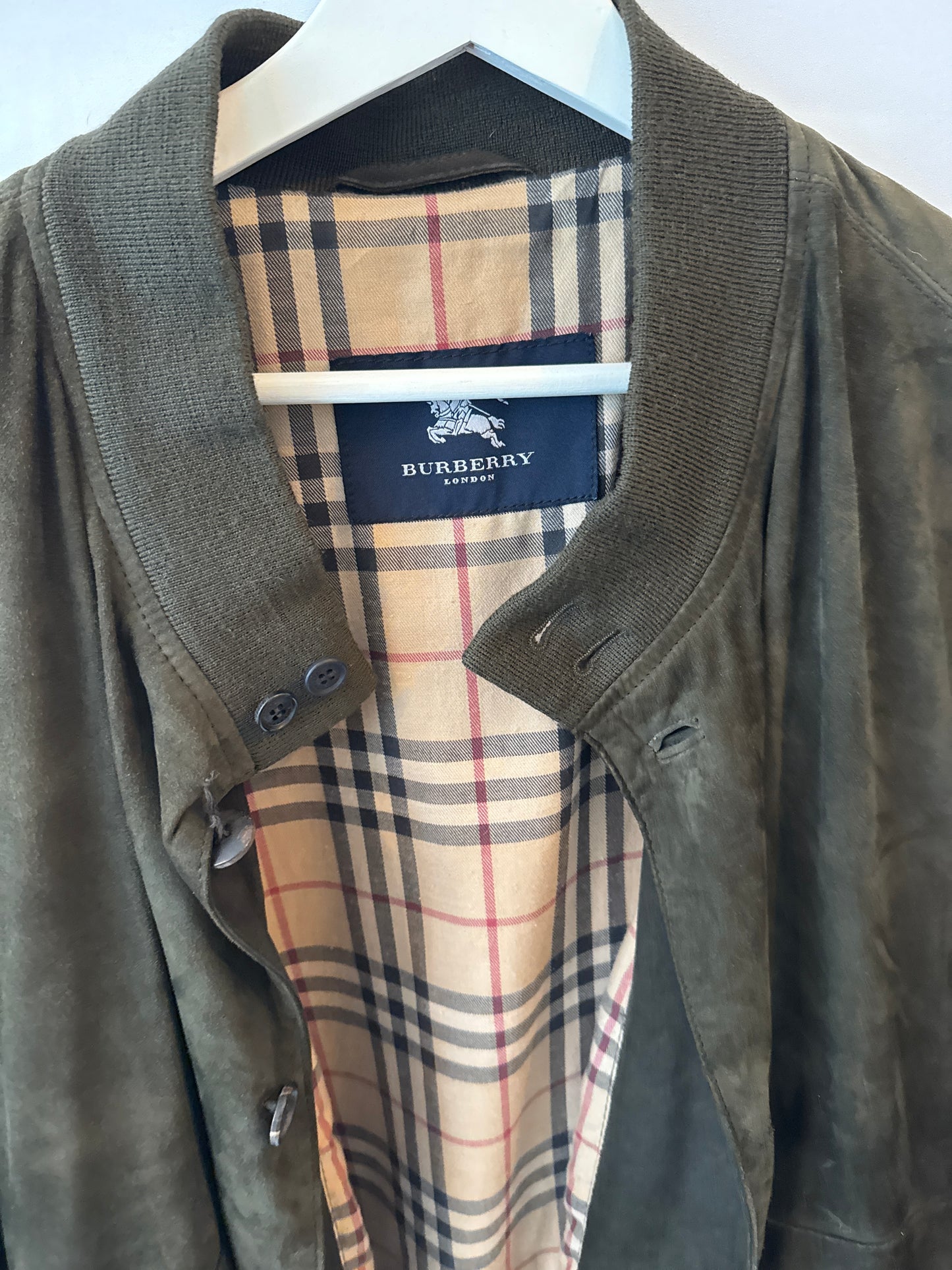 Burberry London Olive Goat-Suede Bomber with Nova Check Lining