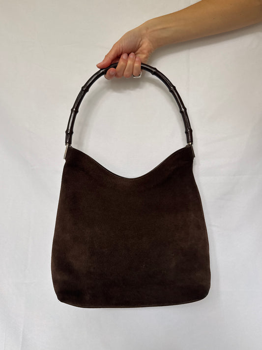 Gucci Bamboo Handle Suede Shoulder Bag