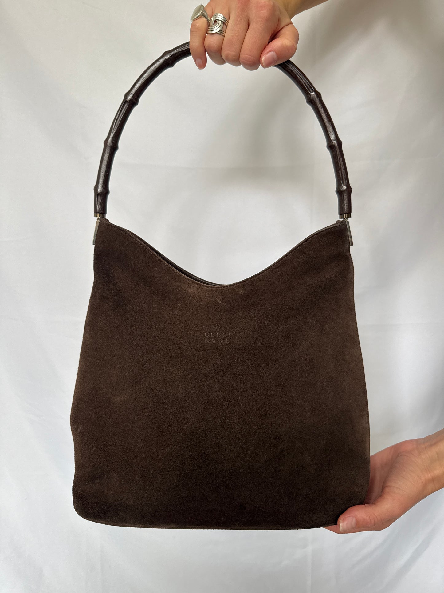 Gucci Bamboo Handle Suede Shoulder Bag