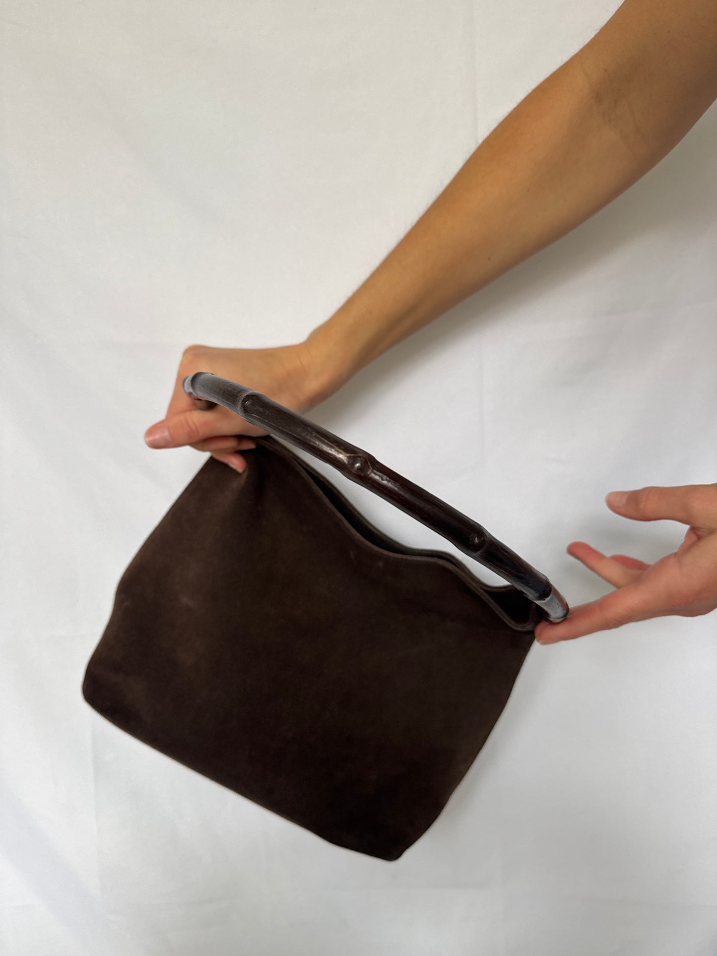 Gucci Bamboo Handle Suede Shoulder Bag