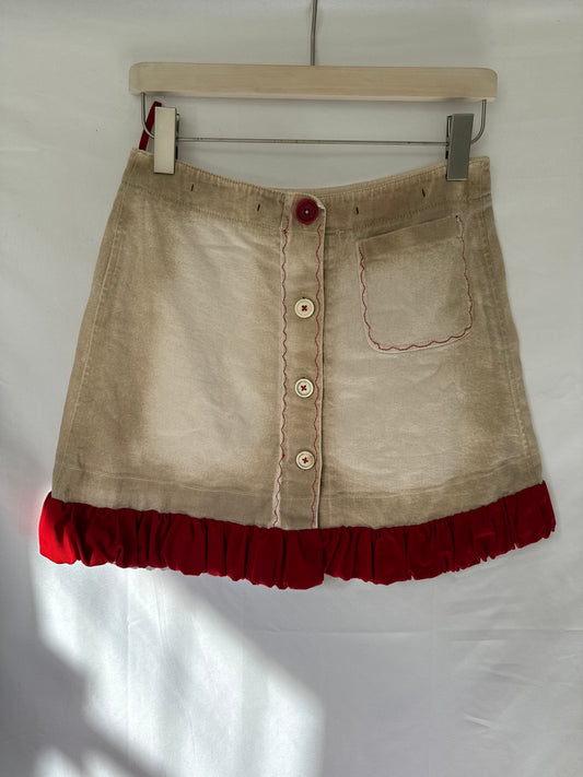 Prada Linea Rossa Beige & Red Cotton Mini Skirt with Ruffle Hem