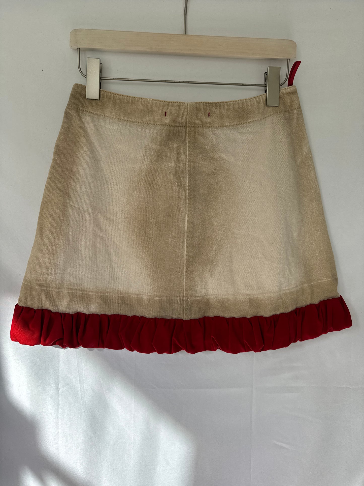 Prada Linea Rossa Beige & Red Cotton Mini Skirt with Ruffle Hem