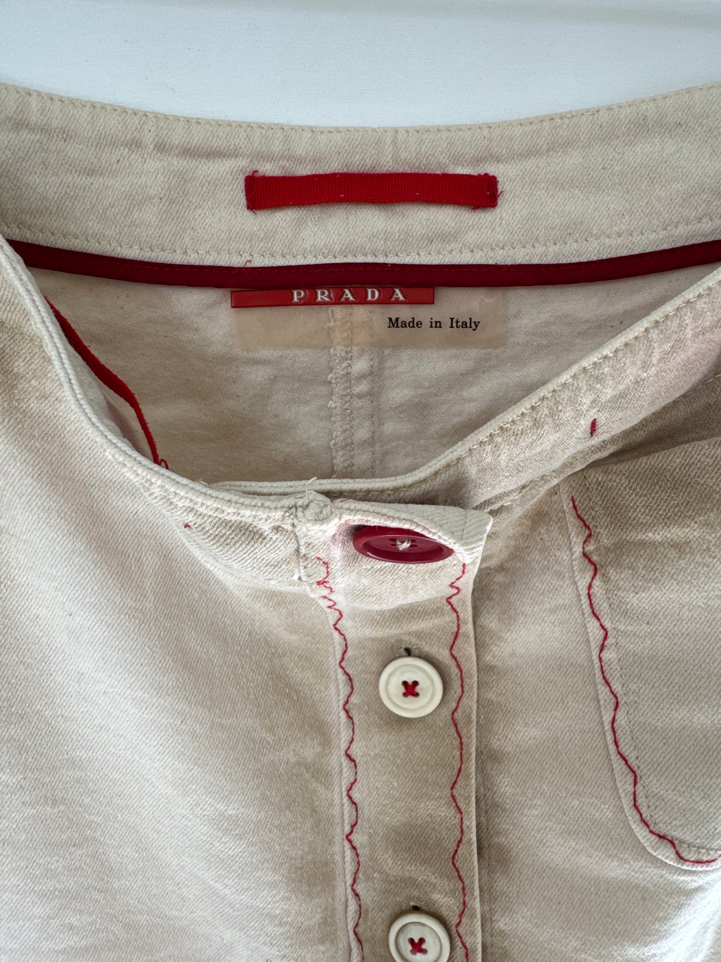 Prada Linea Rossa Beige & Red Cotton Mini Skirt with Ruffle Hem