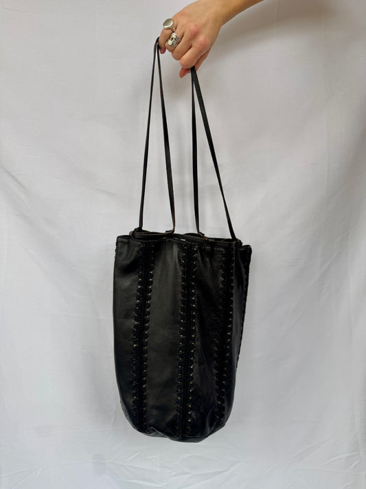 Prada Black Studded & Whipstitched Leather Bucket Bag