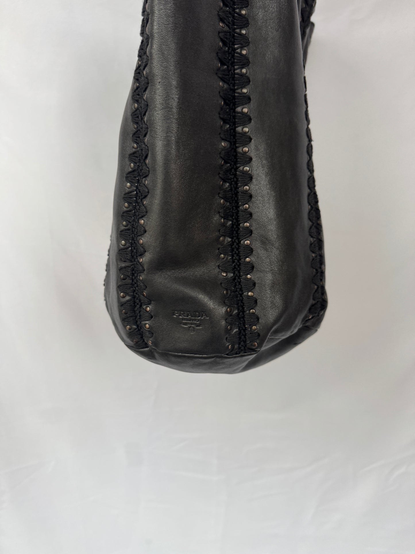 Prada Black Studded & Whipstitched Leather Bucket Bag