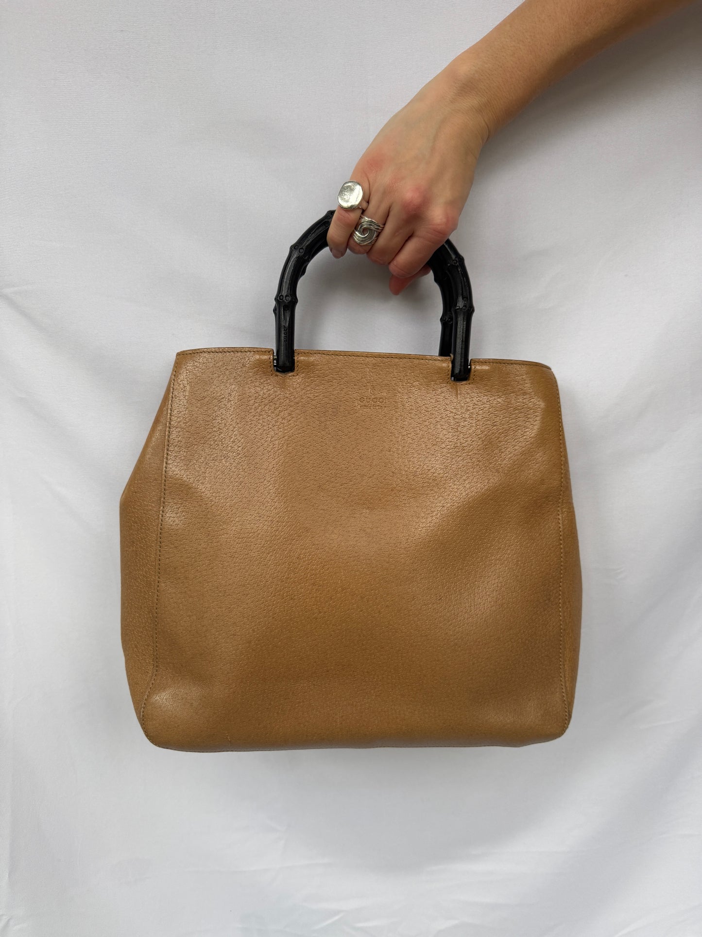 Gucci Tan Leather Tote with Black Bamboo Handles — Late 1990s