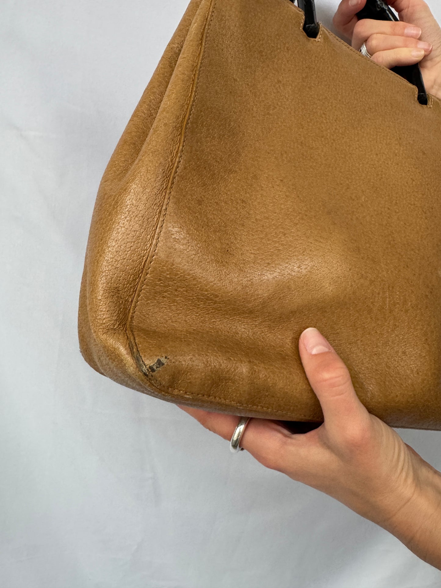 Gucci Tan Leather Tote with Black Bamboo Handles — Late 1990s