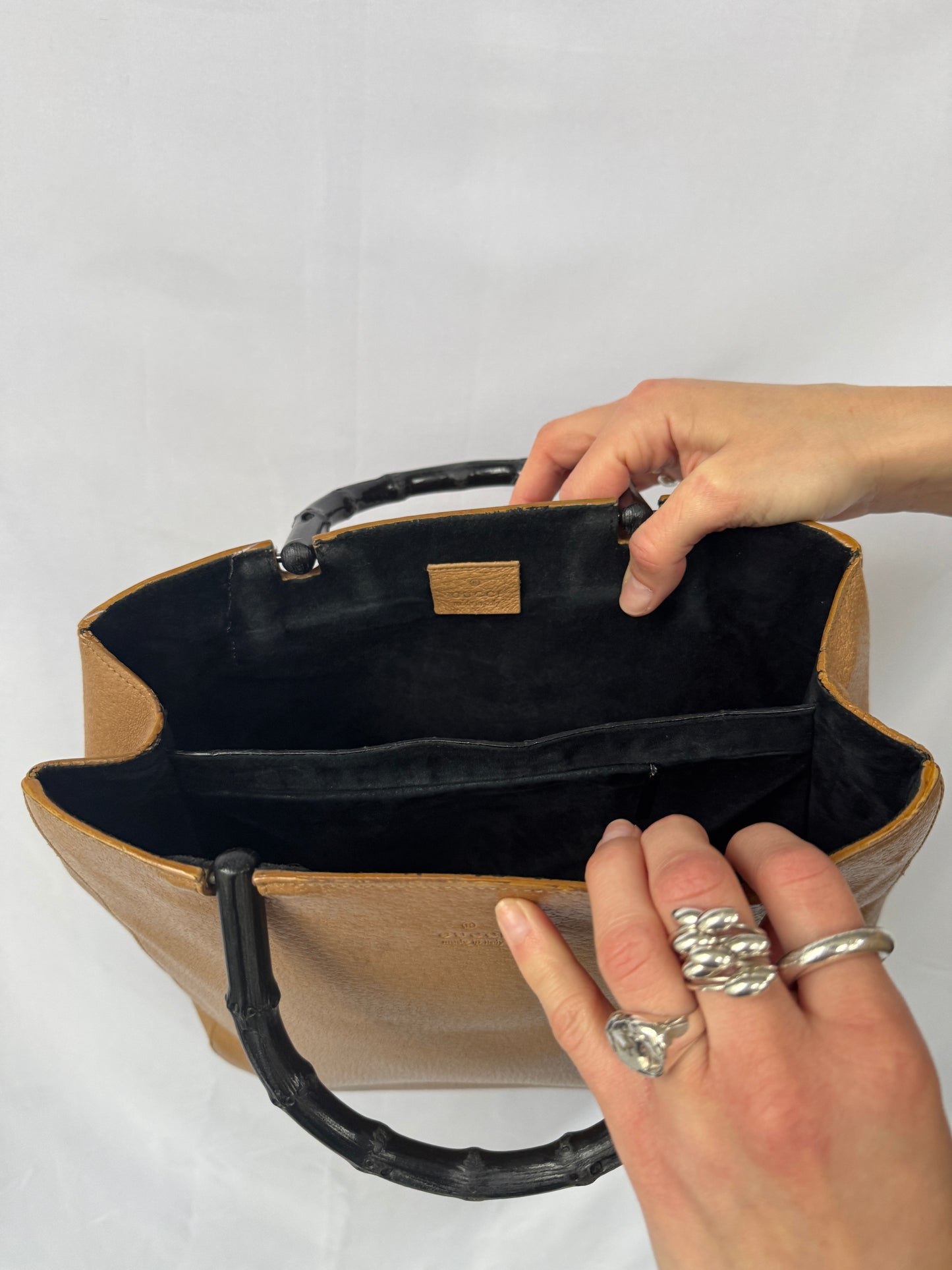 Gucci Tan Leather Tote with Black Bamboo Handles — Late 1990s