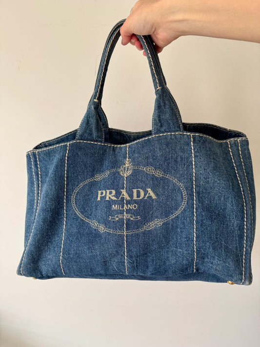 Prada Denim Canapa Logo Tote — Size Large