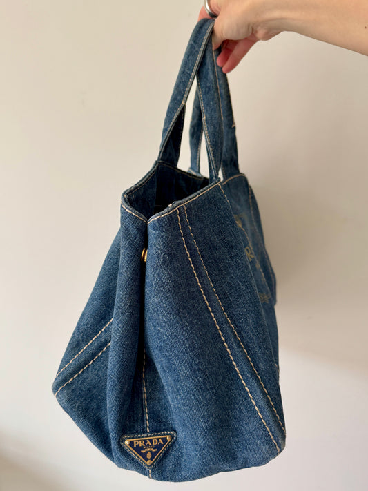Prada Denim Canapa Logo Tote — Size Large