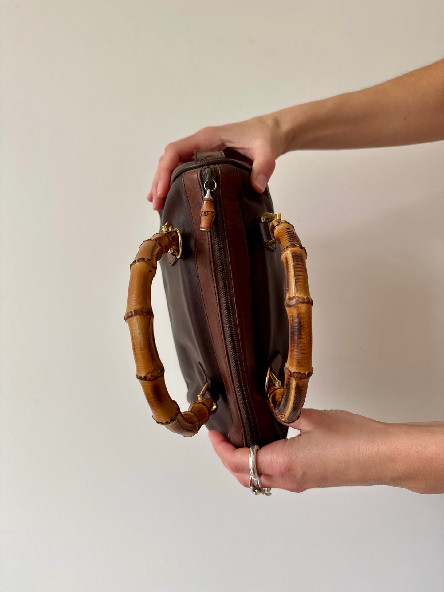 Gucci Brown Leather Bamboo Top Handle Bag