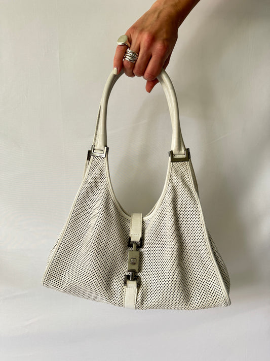 Gucci Jackie Perforated White Shoulder Bag
