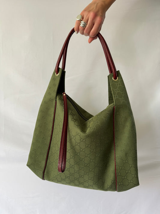 Gucci Green GG Canvas Hobo Bag with Mahogany Leather Straps