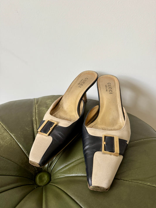 Gucci Two-Tone Buckle Mules — Late 1990s / Early 2000s - Size 38.5