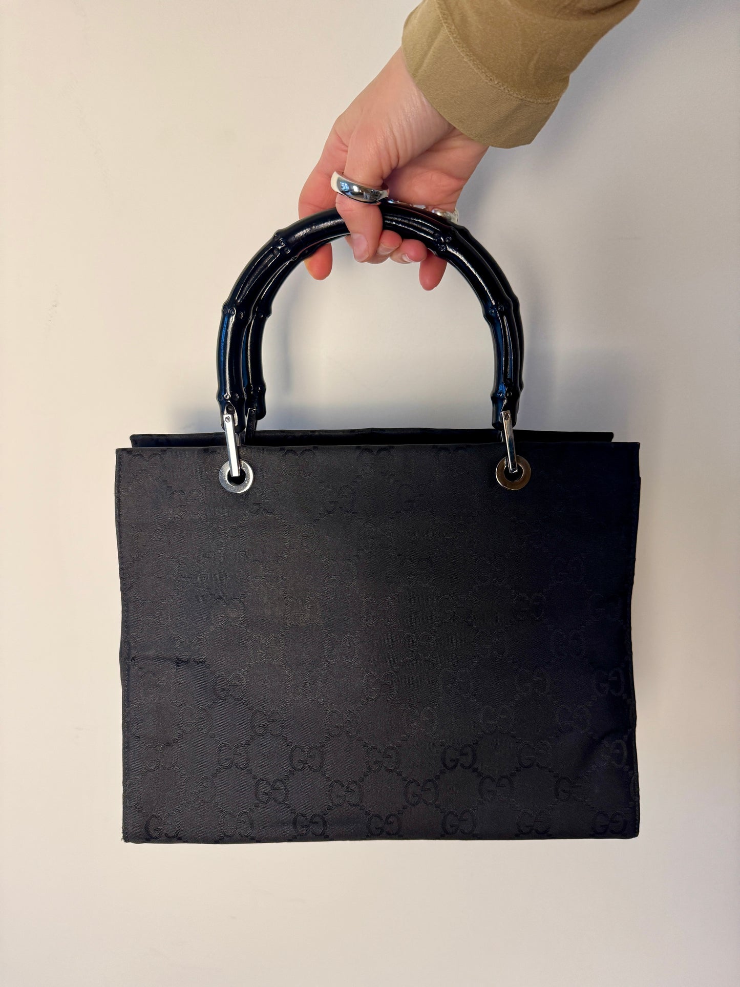 Gucci Black GG Canvas Bamboo Handle Tote — Late 1990s / Early 2000s