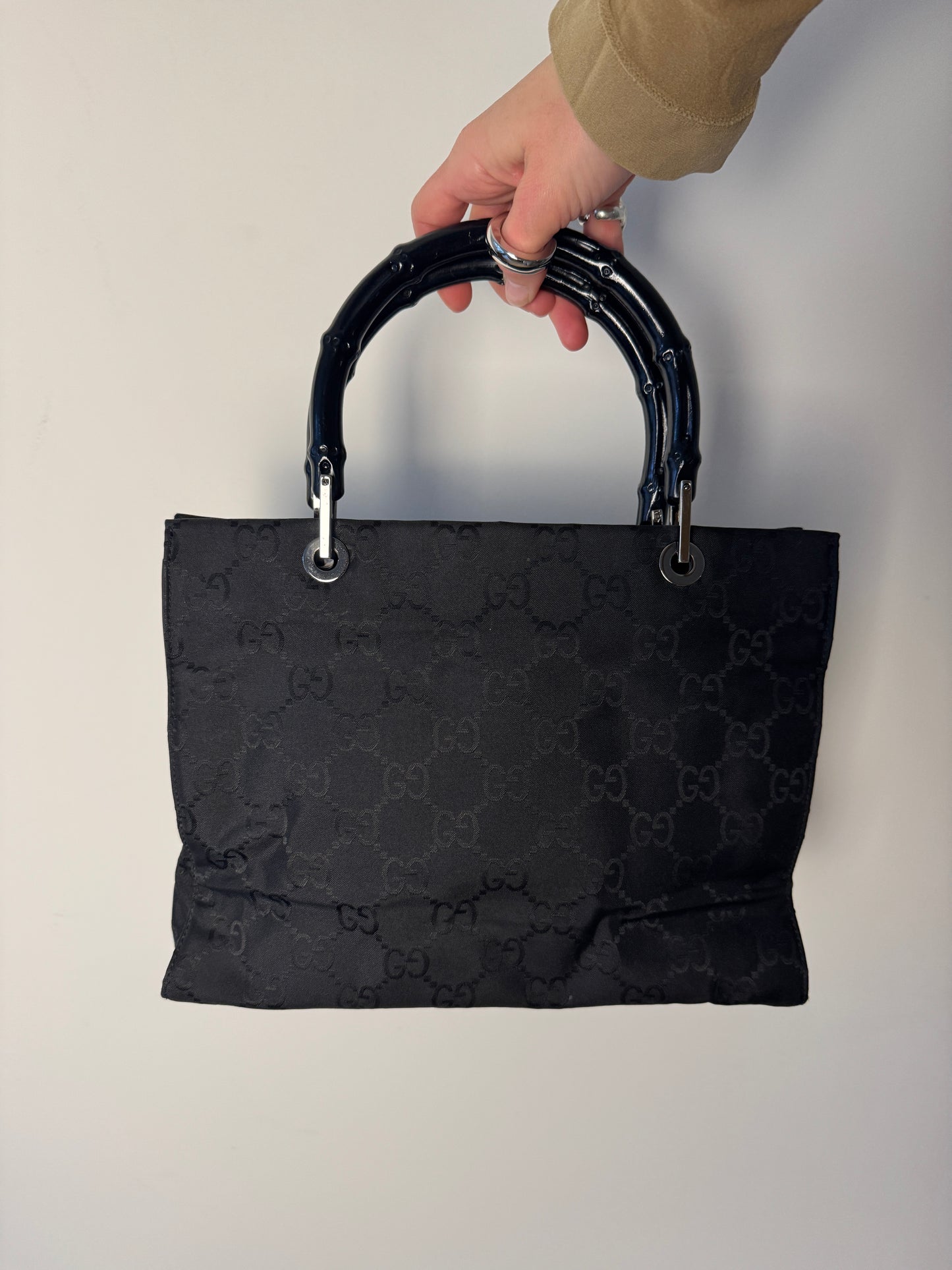 Gucci Black GG Canvas Bamboo Handle Tote — Late 1990s / Early 2000s