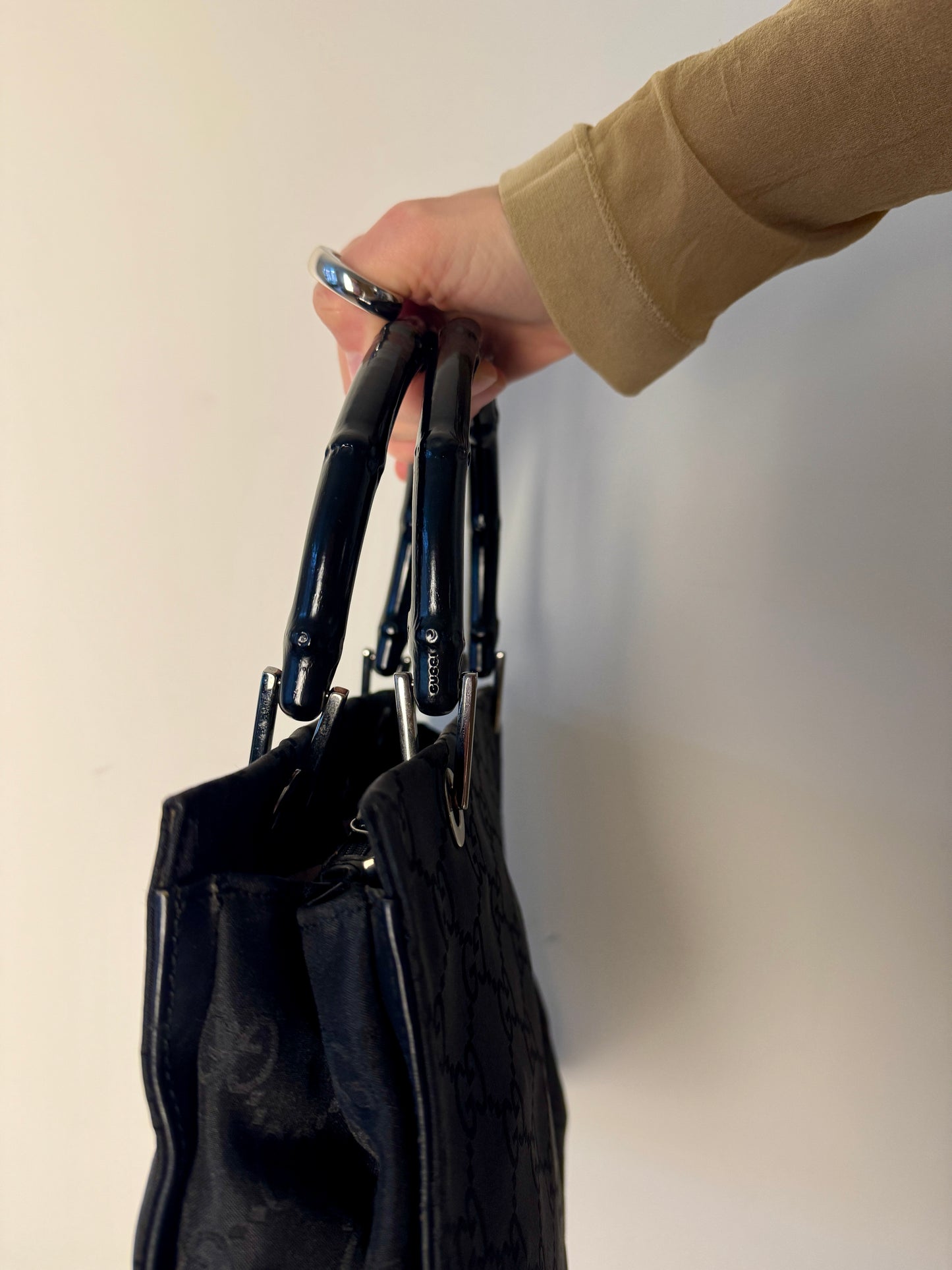 Gucci Black GG Canvas Bamboo Handle Tote — Late 1990s / Early 2000s