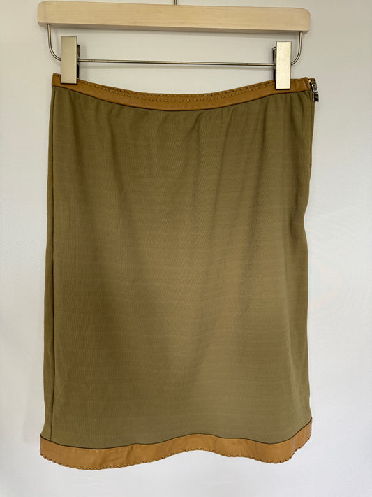Fendi Olive Mini Skirt with Leather Trim