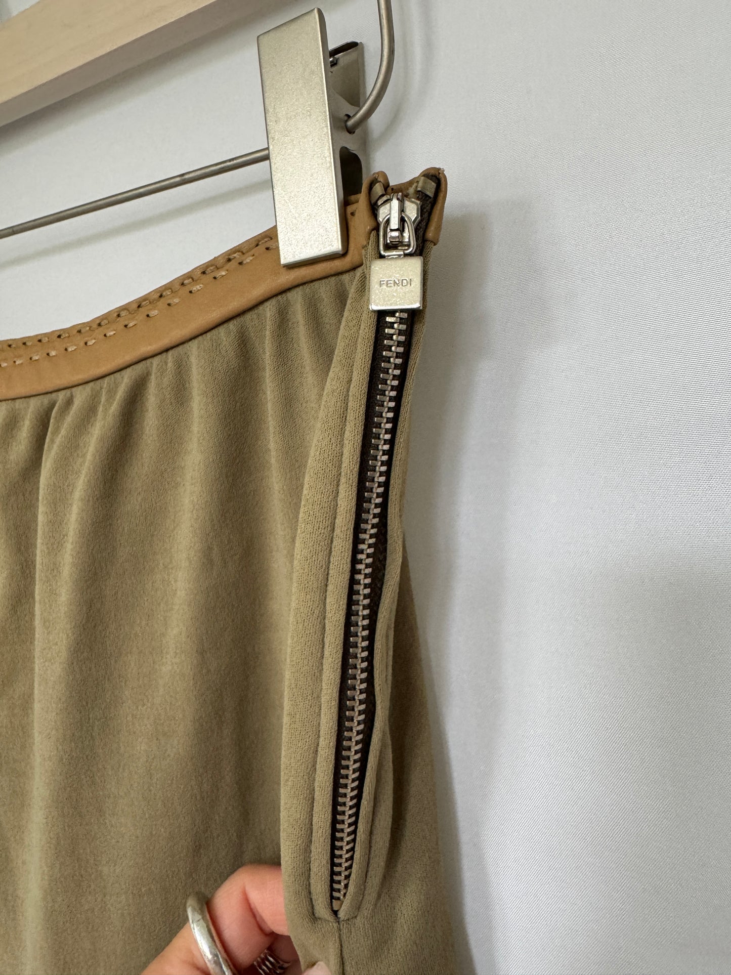 Fendi Olive Mini Skirt with Leather Trim