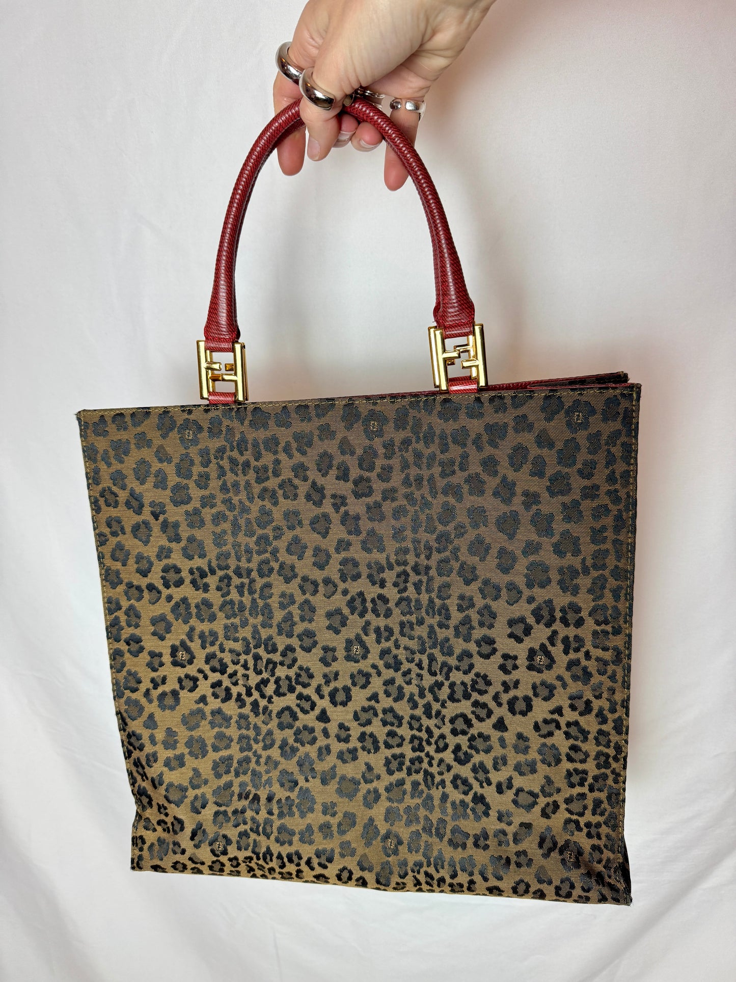 Fendi Leopard Jacquard Tote with Red Handles — Late 1990s
