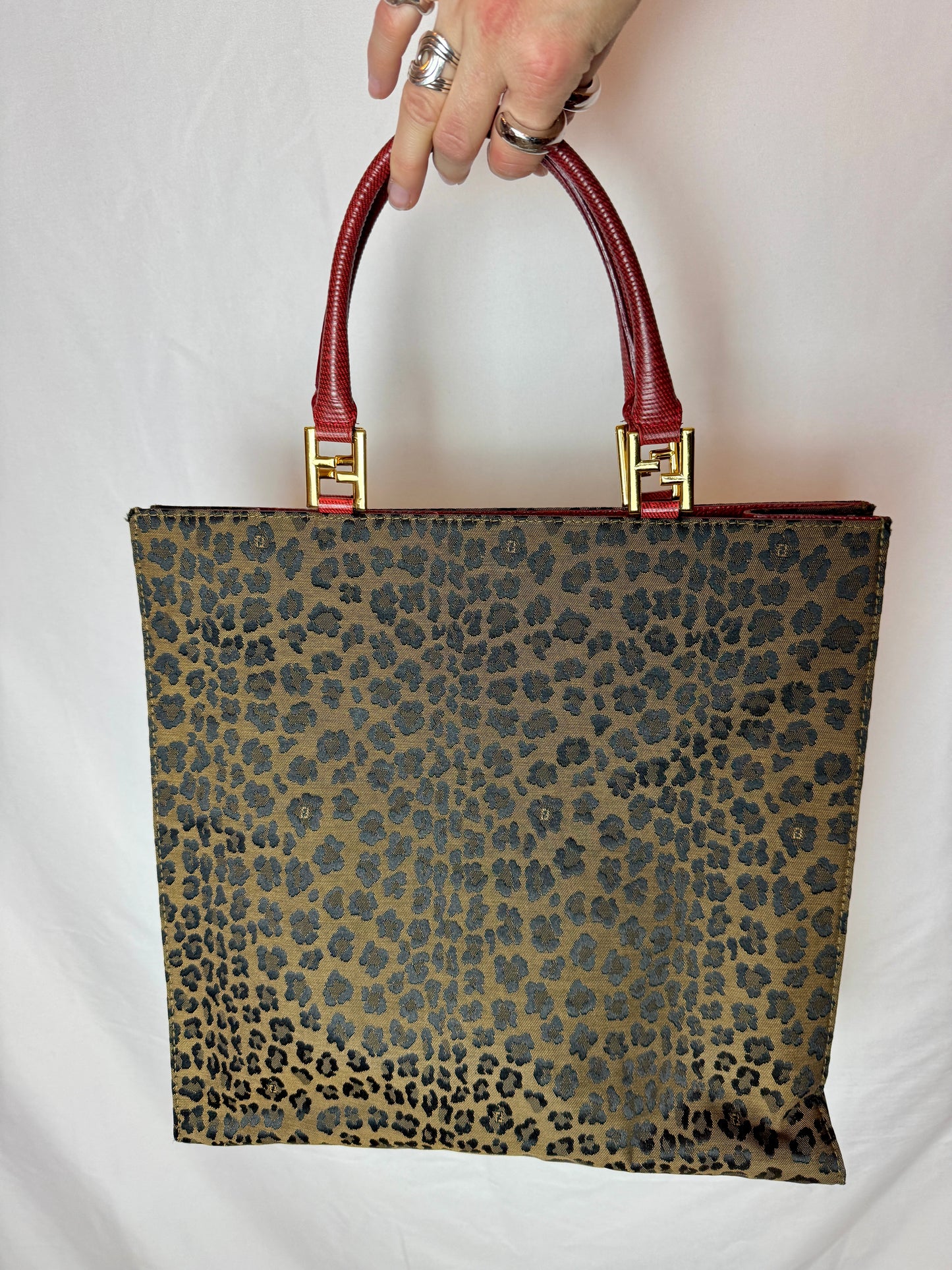 Fendi Leopard Jacquard Tote with Red Handles — Late 1990s