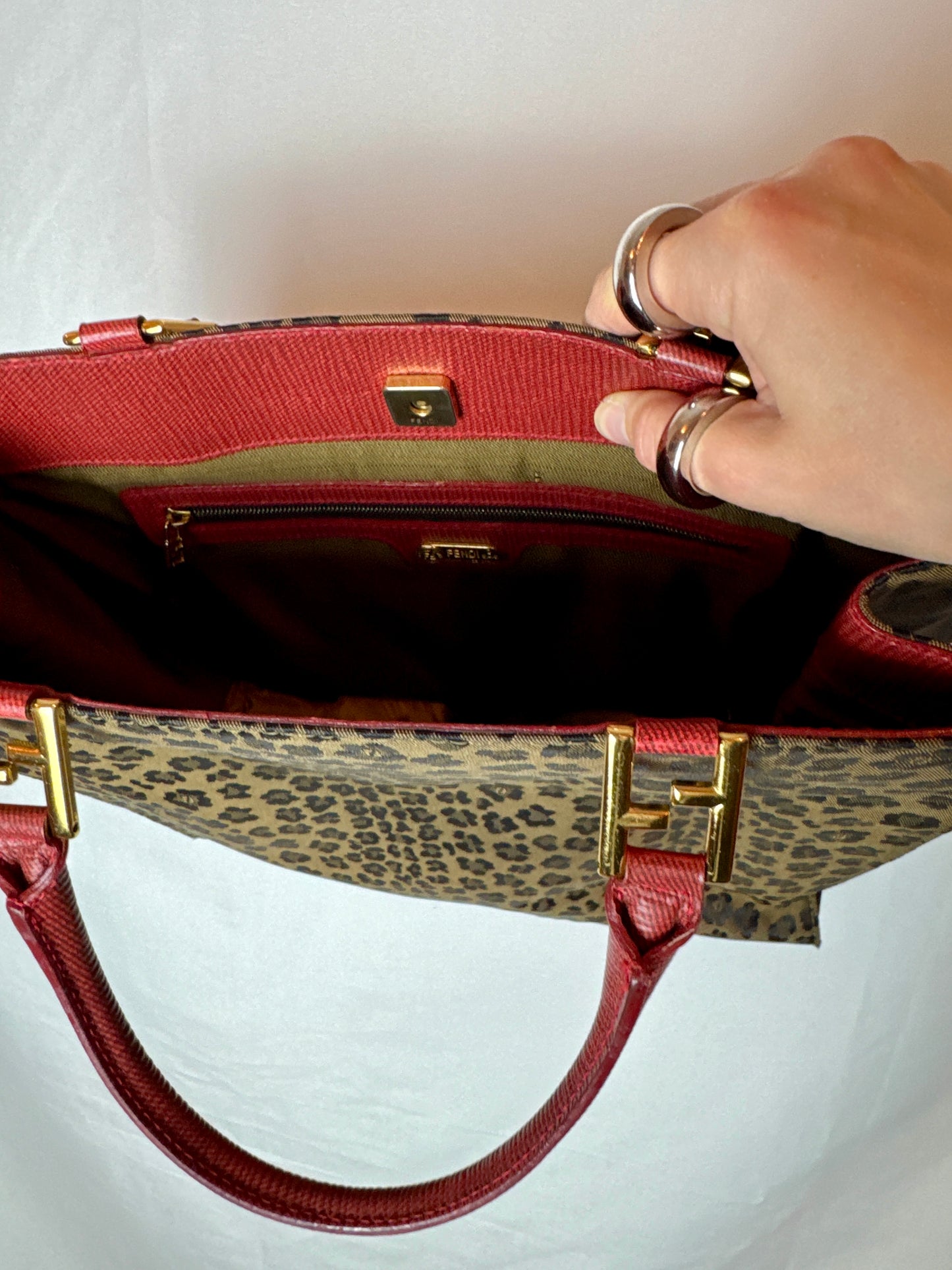 Fendi Leopard Jacquard Tote with Red Handles — Late 1990s