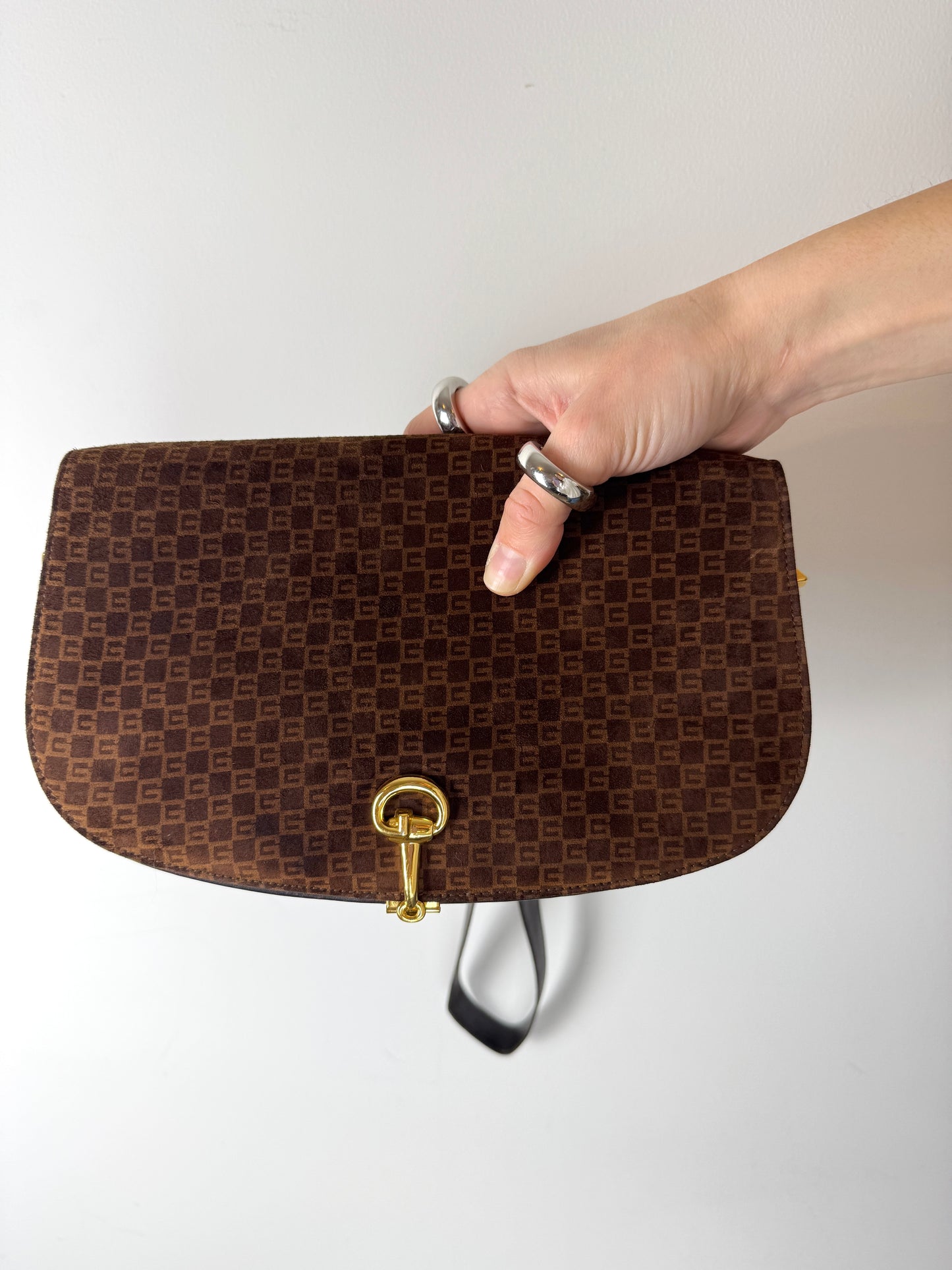 Gucci Brown Suede Monogram Shoulder Bag — Late 1970s