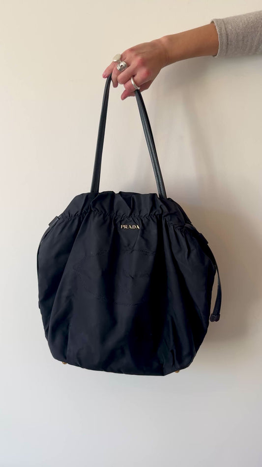 Prada Black Tessuto Nylon Jacquard Logo Tote with Leather Trim