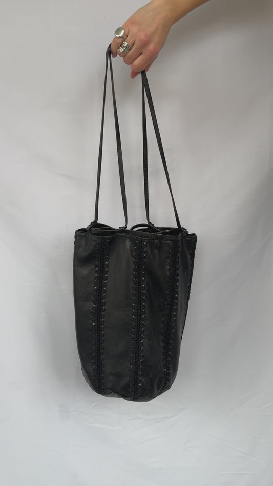 Prada Black Studded & Whipstitched Leather Bucket Bag