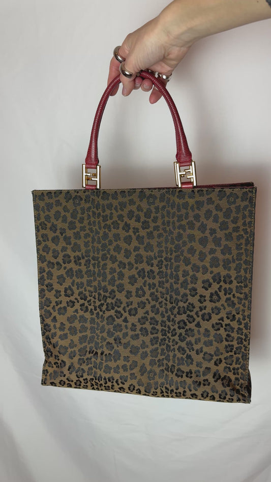 Fendi Leopard Jacquard Tote with Red Handles — Late 1990s